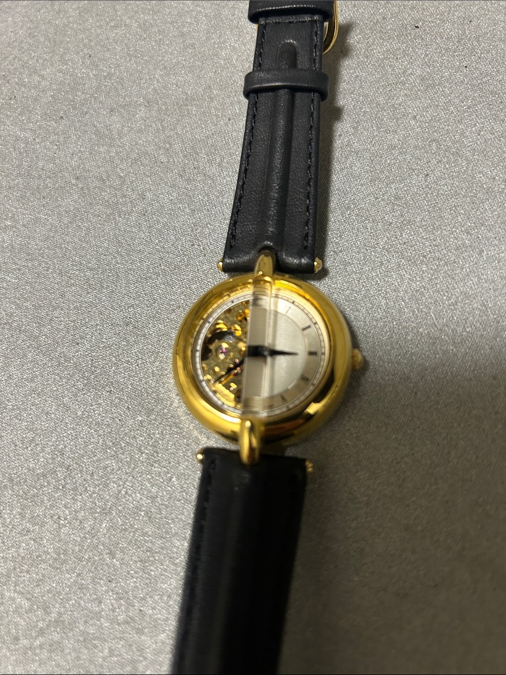 Unique dual face Women's Mechanical Watch with Black Leather Strap